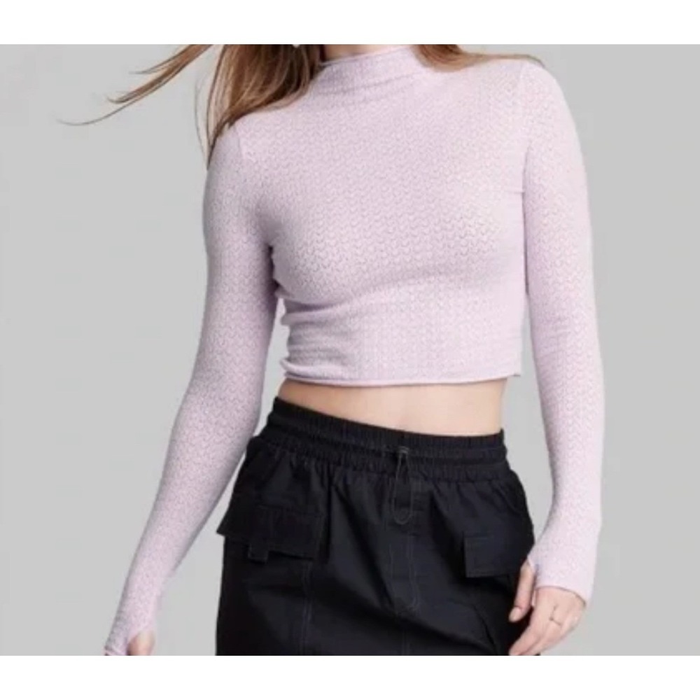 Wild Fable Lilac Purple Pointelle Mock Neck Crop Top Long Sleeve Thumbhole L
